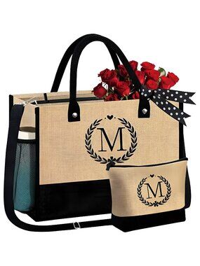 GhvyenntteS Tote Bag for Women, Initial Jute Tote Bag & Makeup Bag with Zipper,